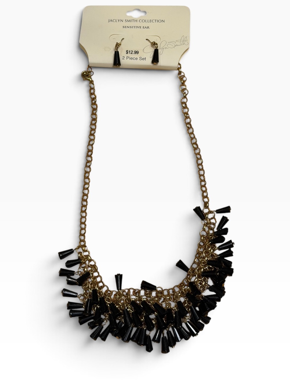 Jaclyn Smith Black Gold Tone Statement Necklace Earrings Set 20” New on Card